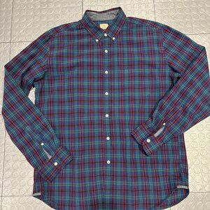 J Crew Cotton Poplin Secret Wash Button Down Shirt Blue Red Green Plaid Tartan L